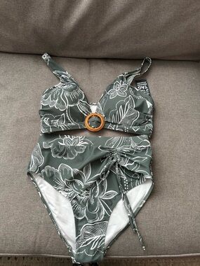 Green Floral Bikini Set with Wood Ring Detail BMJL two piece high waisted